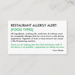D'appel Restaurant et carte ICE pour les allergies aliment