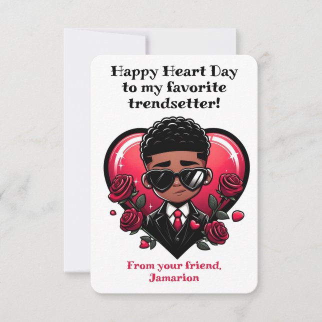 Dapper African American Boy Classroom Valentine Thank You Card (Front)
