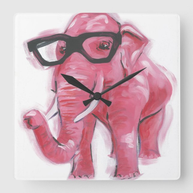 Dapper Animal | Pink Elephant In Eyeglasses Square Wall Clock (Front)