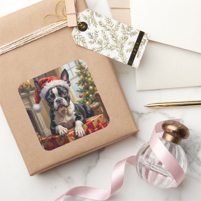 Dapper Boston Terrier Dog Christmas Gift Square Sticker (Gifting)