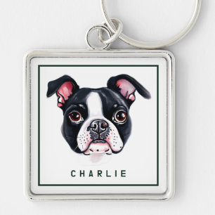 Dapper Boston Terrier Pup Personalized Keychain