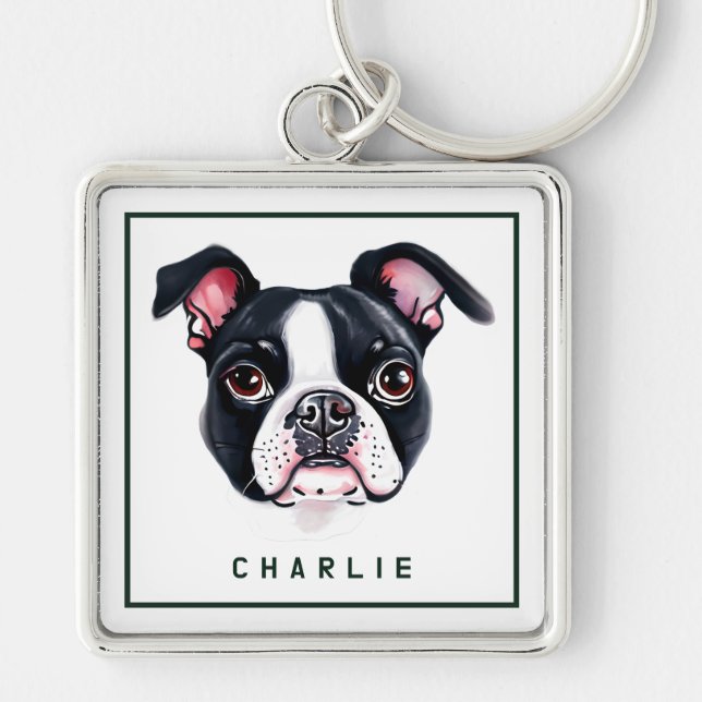 Dapper Boston Terrier Pup Personalized Keychain (Front)