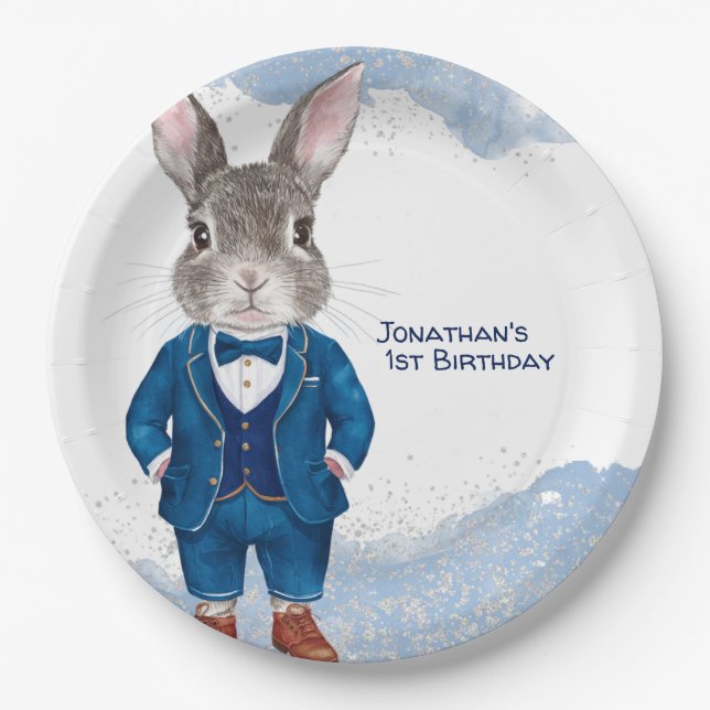 Dapper Bunny in a Blue Suit Boy and Bowtie Birthda Paper Plate (Front)