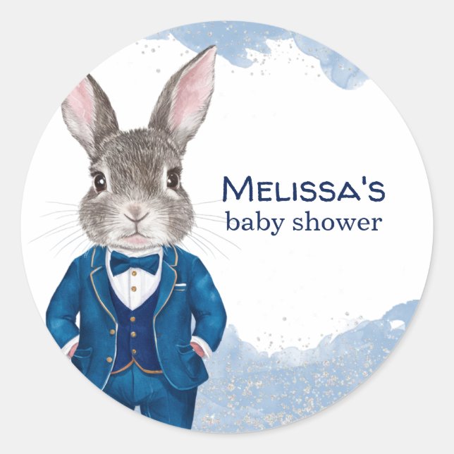 Dapper Bunny in a Blue Suit Boy Baby Shower Classic Round Sticker (Front)