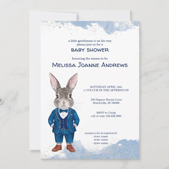 Dapper Bunny in a Blue Suit Boy Baby Shower Invitation (Front)