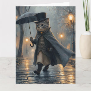 Dapper Cat Strolling in the Rain with an Umbrella Card