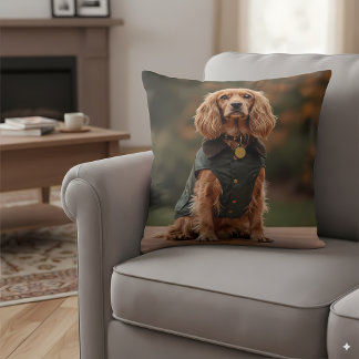 Dapper Dachshund in Green Coat Throw Pillow
