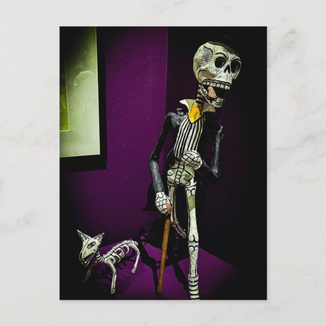 Dapper Día de los Muertos Skeleton with Dog Postcard (Front)