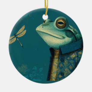 Dapper Frog & Dragonfly - Surreal Vintage Animal  Ceramic Ornament