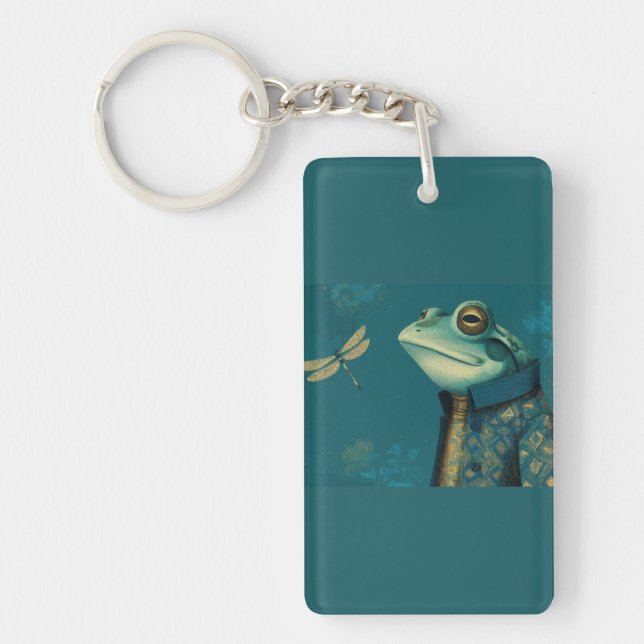 Dapper Frog & Dragonfly - Surreal Vintage Animal  Keychain (Front)