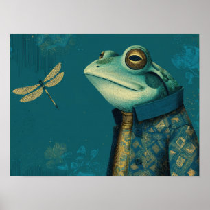 Dapper Frog & Dragonfly - Surreal Vintage Animal Poster
