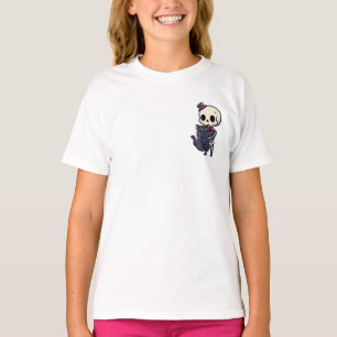 Dapper Skeleton Hugging a Spooky Black Cat Kids T-Shirt
