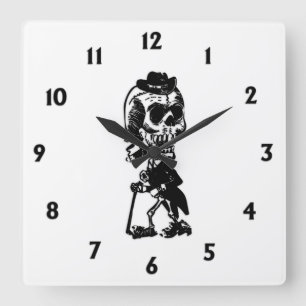 Dapper Skeleton with Black Numbers Square Wall Clock