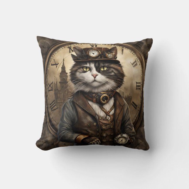  Dapper Steampunk Calico Cat Throw Pillow (Front)