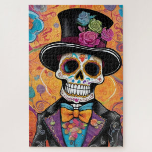 Dapper Sugar Skull Skeleton: Day of the Dead  Jigsaw Puzzle