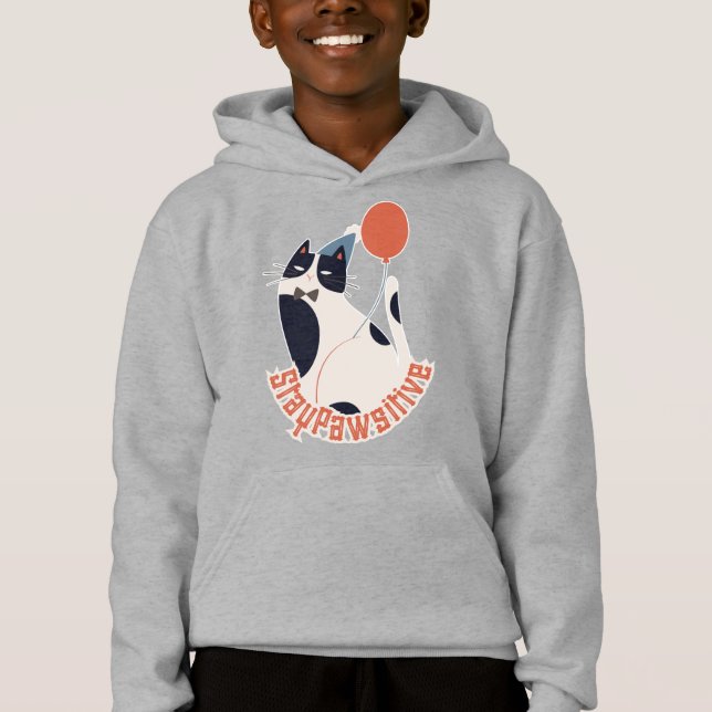 Dapper Tuxedo Cat with Balloon Kids Hoodie (Front)