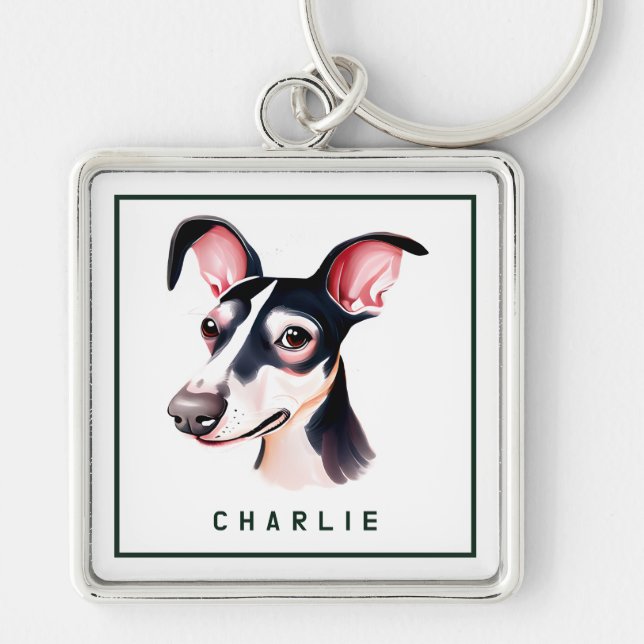 Dapper Whippet Pup Personalized Keychain (Front)