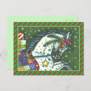 DAPPLE GREY IN A ONE HORSE OPEN SLEIGH, COLORFUL HOLIDAY POSTCARD