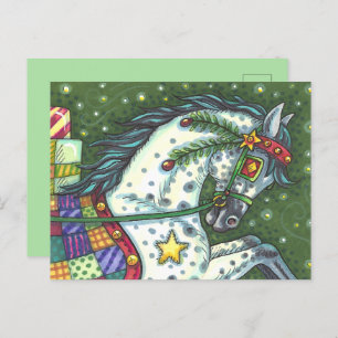 DAPPLE GREY IN A ONE HORSE OPEN SLEIGH, COLORFUL HOLIDAY POSTCARD