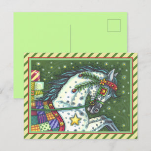 DAPPLE GREY IN A ONE HORSE OPEN SLEIGH, COLORFUL HOLIDAY POSTCARD