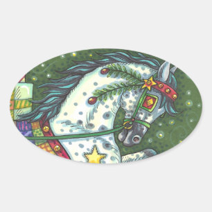DAPPLE GREY IN A ONE HORSE OPEN SLEIGH, COLORFUL OVAL STICKER
