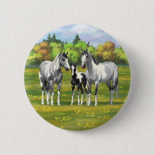 Dapple Grey Pinto Paint Horses In Summer Pasture 2 Inch Round Button