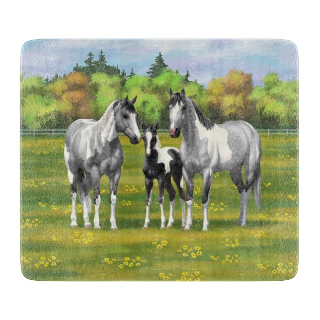 Dapple Grey Pinto Paint Horses In Summer Pasture Cutting Board (Front)