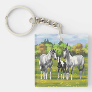 Dapple Grey Pinto Paint Horses In Summer Pasture Keychain