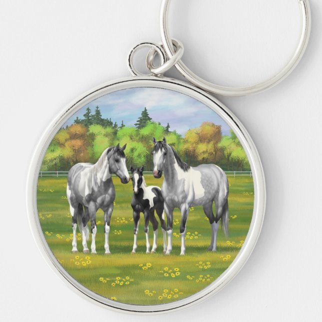 Dapple Grey Pinto Paint Horses In Summer Pasture Keychain (Front)