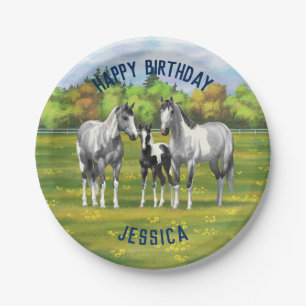 Dapple Grey Pinto Paint Horses In Summer Pasture Paper Plate