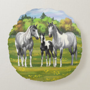 Dapple Grey Pinto Paint Horses In Summer Pasture Round Pillow