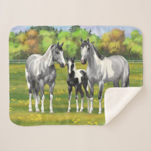 Dapple Grey Pinto Paint Horses In Summer Pasture Sherpa Blanket