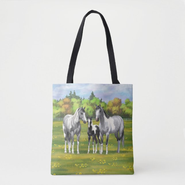 Dapple Grey Pinto Paint Horses In Summer Pasture Tote Bag (Front)