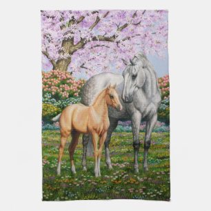 Dapple Grey Quarter Horse Mare Palomino Foal Kitchen Towel