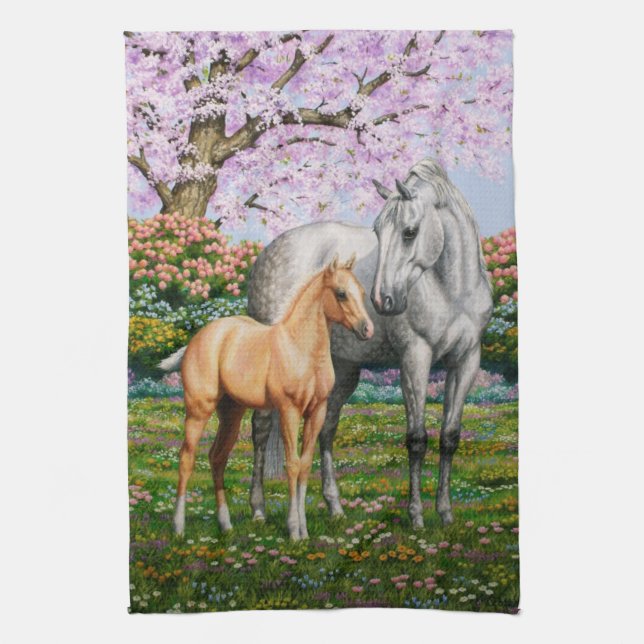 Dapple Grey Quarter Horse Mare Palomino Foal Kitchen Towel (Vertical)