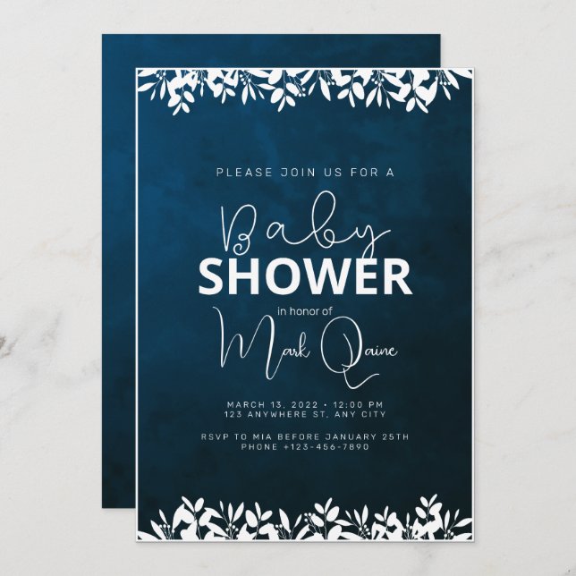Darck Blue Minimalist Baby Shower Invitation (Front/Back)