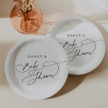 DARCY Modern Minimalist Black White Baby Shower Paper Plate<br><div class="desc">These modern minimalist black and white baby shower paper plates from the Darcy Collection are perfect for a simple baby shower. The modern minimalist design features timeless black and white romantic calligraphy with bohemian fairytale style. Personalize your baby shower plates with the name of the mom-to-be and the shower date....</div>