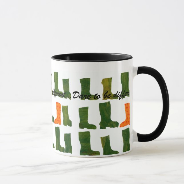 'Dare to be Different' Green and Orange Boots Mug (Right)