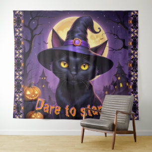 Dare To Stare Black Cat Witch Hat Orange Pumpkin Tapestry