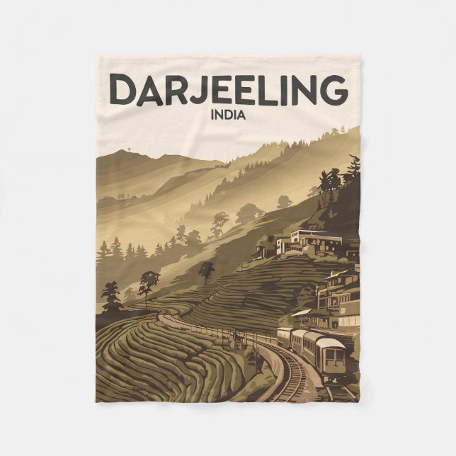 Darjeeling India Illustration Travel Art Vintage Fleece Blanket (Front)