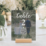 Dark 2 Photo Wedding QR Code Script Table Number<br><div class="desc">Add a personalized finishing touch to wedding reception decorations with custom photo & QR Code table number cards. Pictures and wording are simple to customize, and can be different or the same on front and back. If preferred, change "capture the love" to "honeymoon fund, " "a special thanks, " "menu,...</div>
