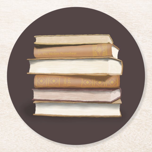 Dark Academia Antique Books Round Paper Coaster (Front)