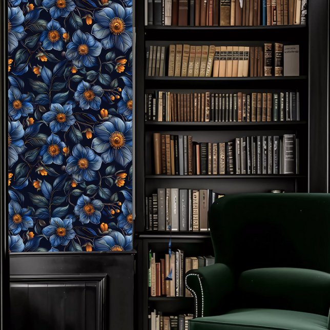 Dark Academia Blue Floral Wallpaper (Dark Academia Blue Floral Wallpaper in a library.)