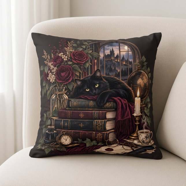 Dark Academia Bookworm Cat Throw Pillow (Creator Uploaded)