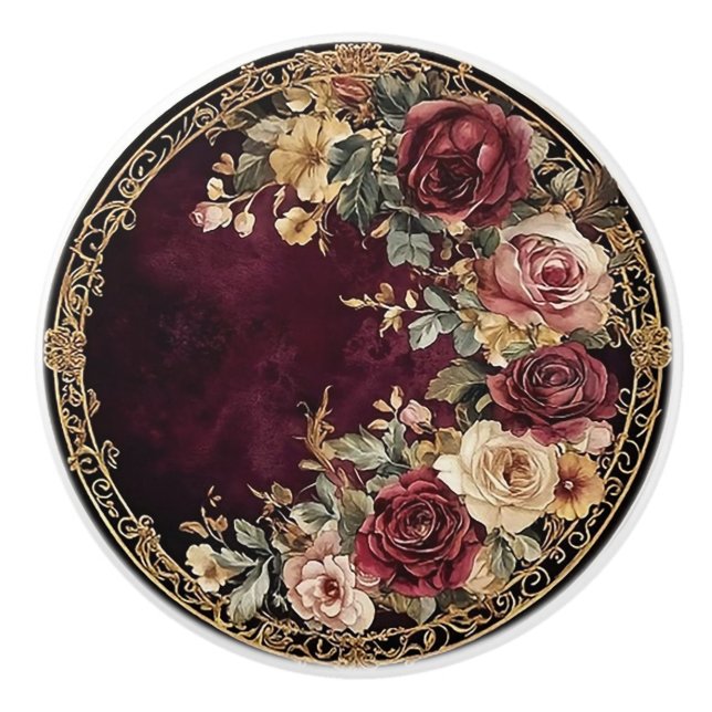 Dark Academia Burgundy Rose Ceramic Knob (Front)