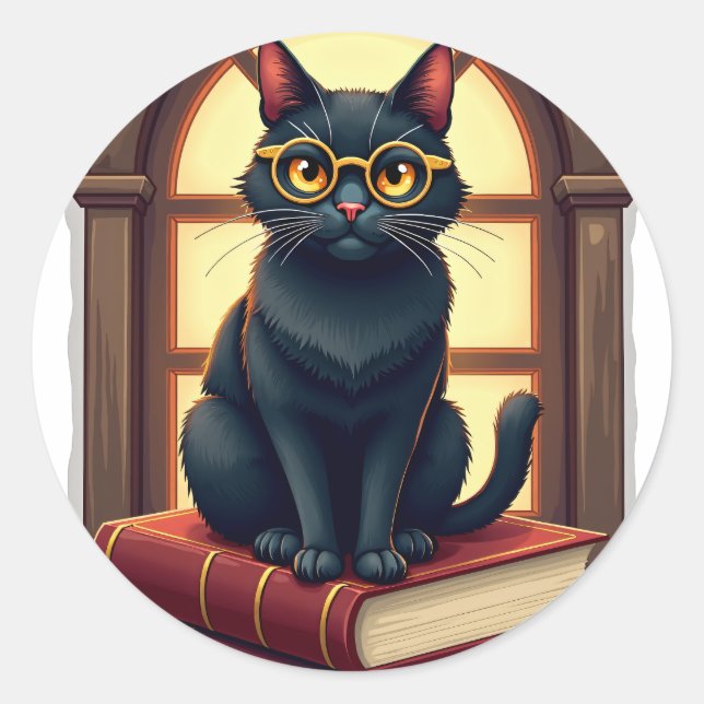 Dark Academia Cat Book Lover Classic Round Sticker (Front)