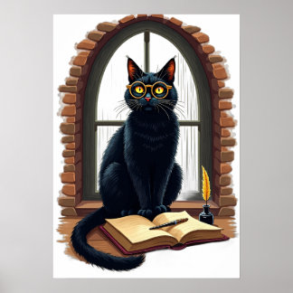 Dark Academia Cat Reader Bookworm Library Sticker Poster