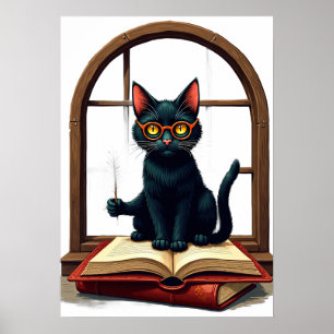 Dark Academia Cat Reader Bookworm Sticker Vintage  Poster