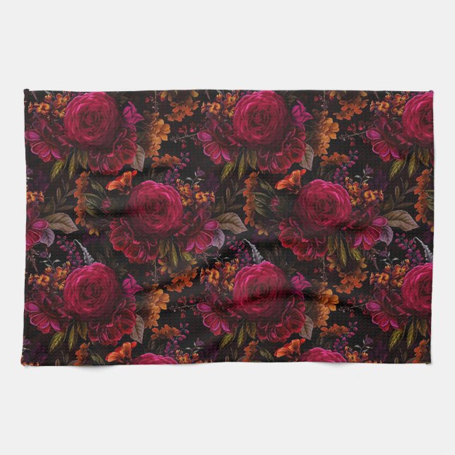 Dark Academia Floral Design Kitchen Towel (Horizontal)