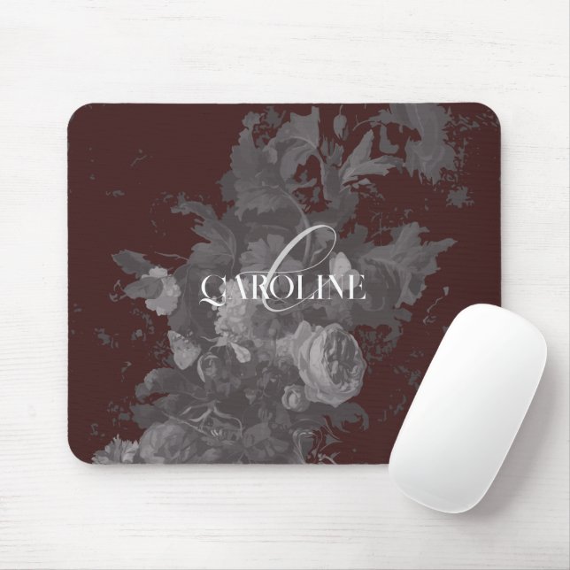 Dark Academia Floral Still Life Burgundy Mouse Pad (With Mouse)
